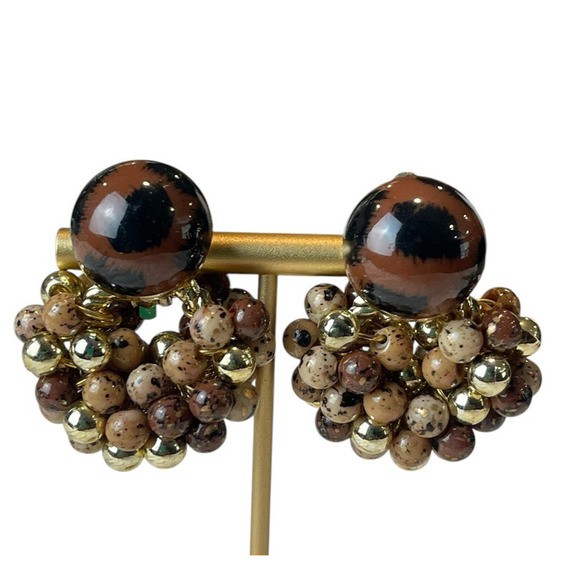 Leopard Beaded Clip On Earrings Statement Fashion Costume Jewelry Gold Cluster - Picture 1 of 7